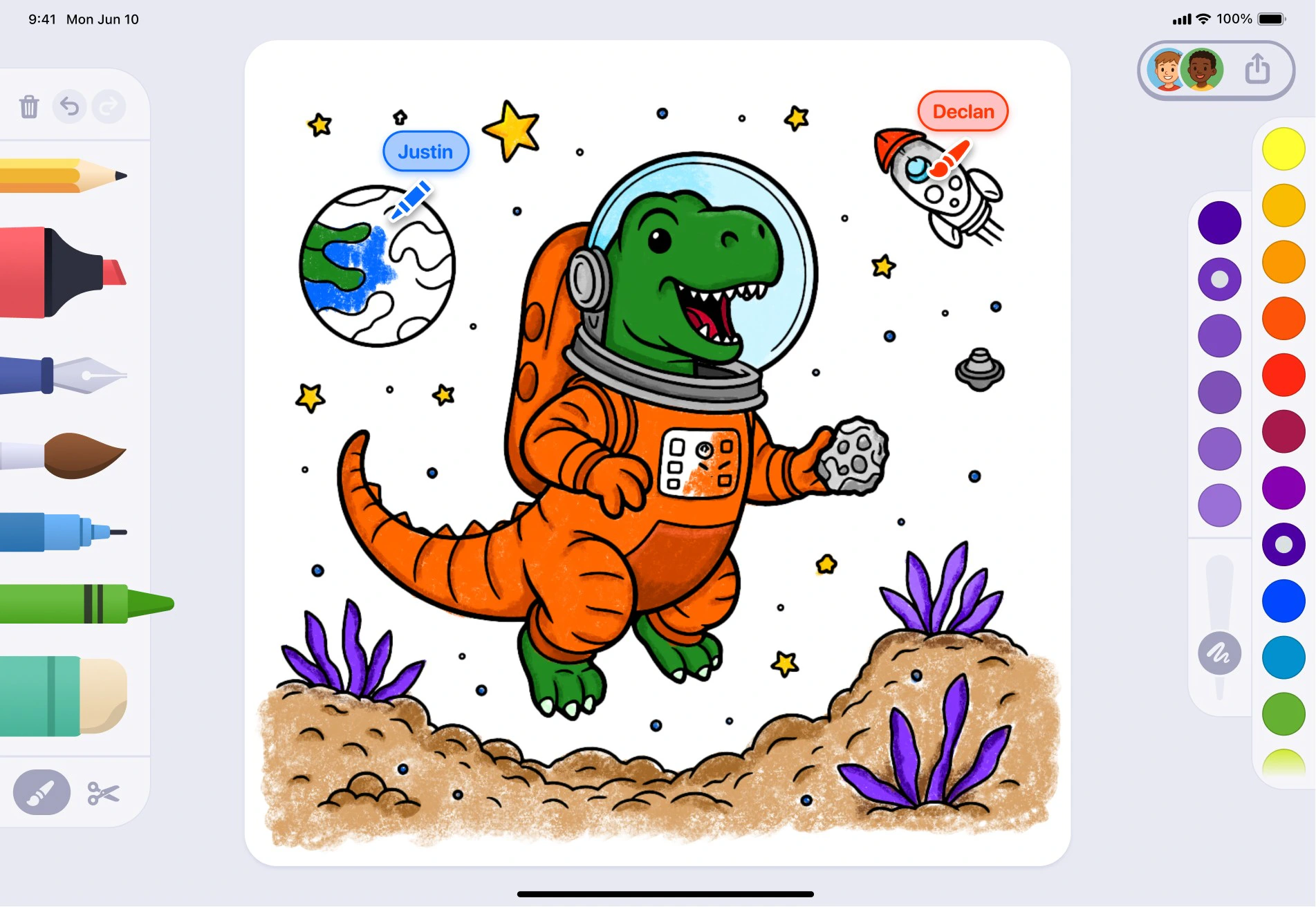 ImaginePad on iPad: two friends coloring an astronaut T-rex together, each with their own cursor.